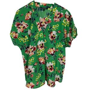 Lauren Ralph Lauren Green Floral V-neck Drop Shoulder Blouse XL Career School